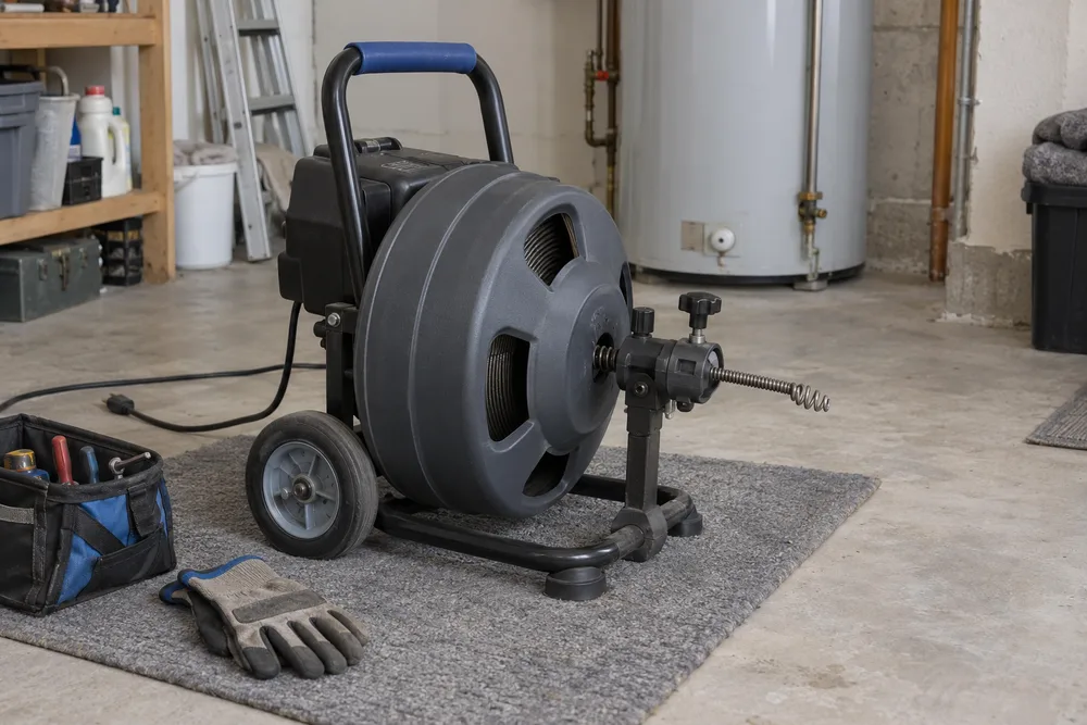 Inactive sewer cable machine in an ordinary utility room
